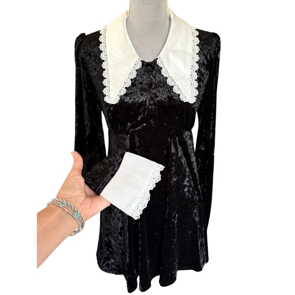 Dolls Kill Widow Black Babydoll Dress Velvet Lace Collar Mini XS Soft Goth